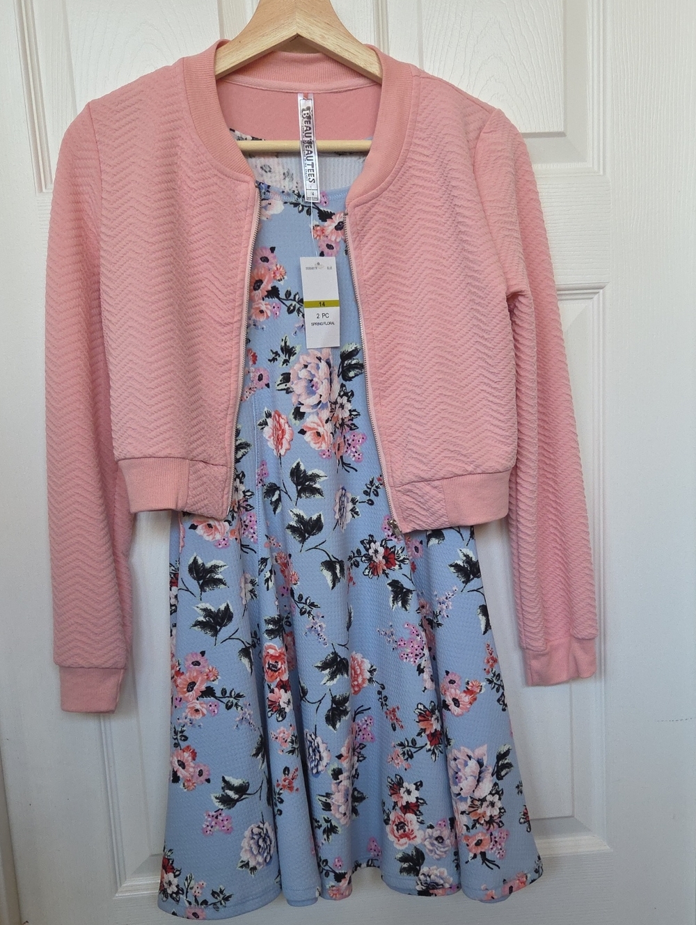 Beautees Pink Jacket with Blue Floral Dress Set